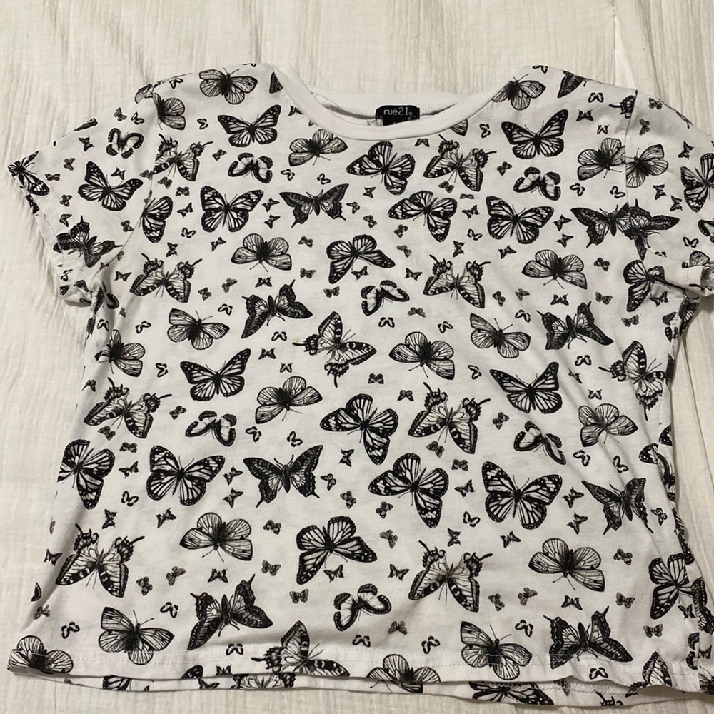White crop top with black butterflies